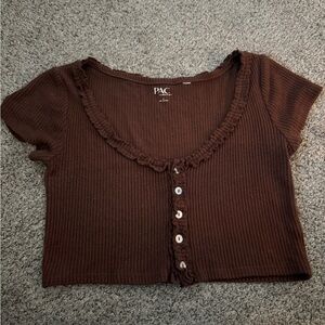 Brown Ribbed Button-Up Women's Top
